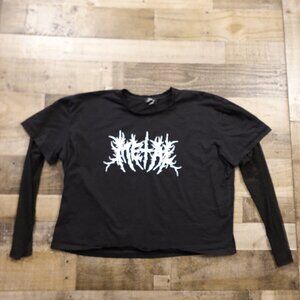 Social‎ Collision Metal Logo Mesh-Sleeve Twofer T-Shirt Girls Size 3 Black Alt